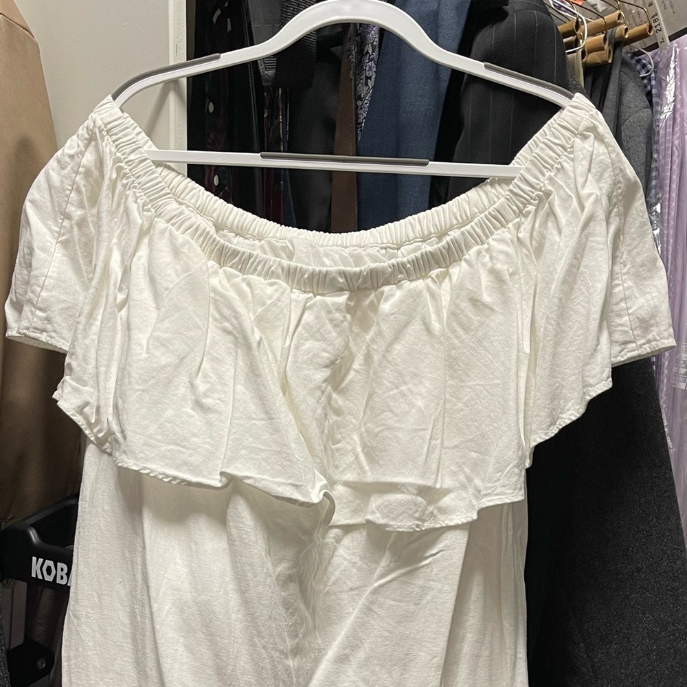 White Off-Shoulder Top with Black Embroidery